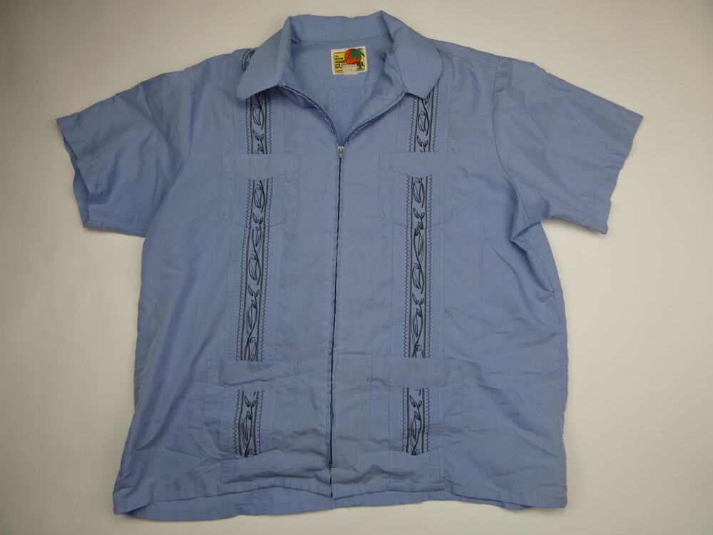 vintage Haband Guayabera Shirt Men's Full Zip Hawaiian Cuban, blue, XL